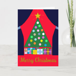 Groene kerstboom met blauwe draperingen: kaart
