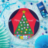 Groene kerstboom met blauwe draperingen: papieren bordje (Feest)