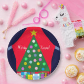 Groene kerstboom met blauwe draperingen: papieren bordje (Feest)