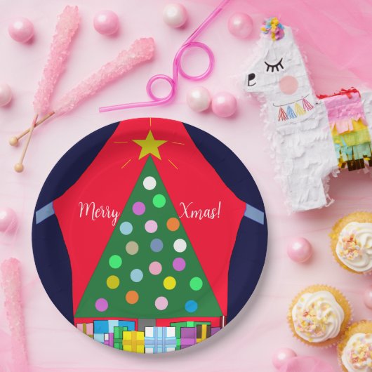 Groene kerstboom met blauwe draperingen: papieren bordje (Feest)