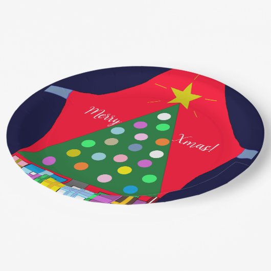 Groene kerstboom met blauwe draperingen: papieren bordje (Gekanteld)