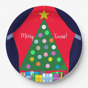 Groene kerstboom met blauwe draperingen: papieren bordje