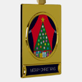 Groene kerstboom met blauwe draperingen: verguld banner ornament (Rechts)