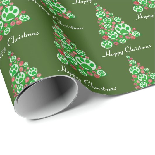 Groene kerstboom met dierenpootjes cadeaupapier (Rol Hoek)