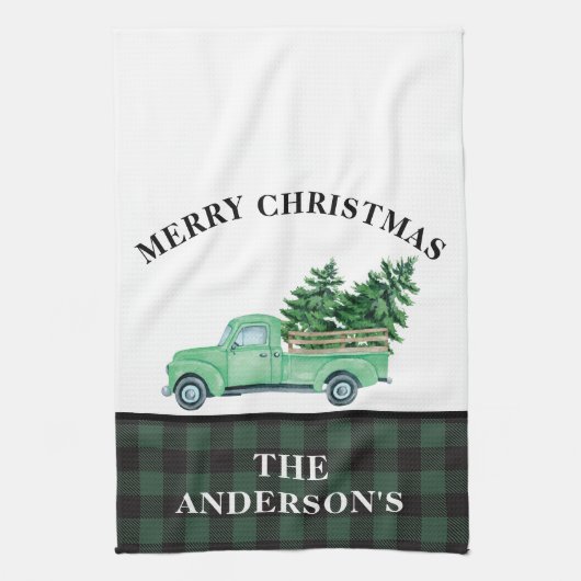 groene kerstboom met een groene vrachtwagen Pset  Theedoek (Verticaal)