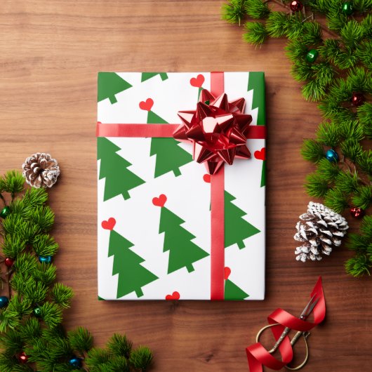 Groene Kerstboom met Rood Hart Eenvoudig Cadeaupapier (Feestdagen Geschenken)