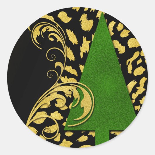Groene kerstboom met zwarte en gouden wervelingen ronde sticker (Voorkant)
