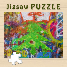 Groene kerstboom op een graffitimuur - legpuzzel