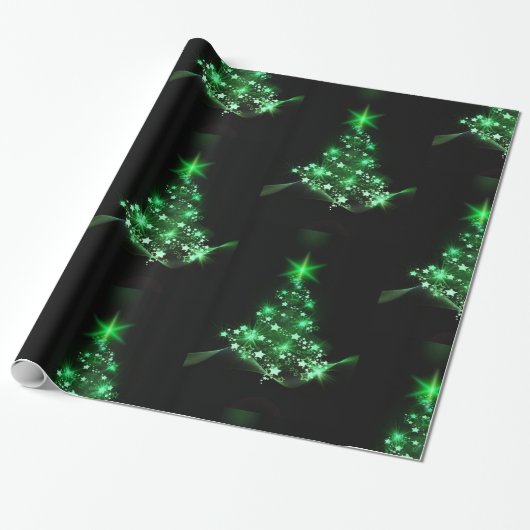 Groene kerstboom op zwart cadeaupapier (Uitgerold)
