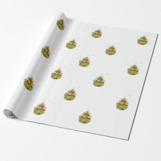 Groene Kerstboom Rode Ornamenten Inpakpapier (Uitgerold)
