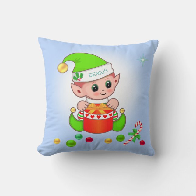 Groene kerstelf & kerstcadeau op lichtblauw kussen (Voorkant)