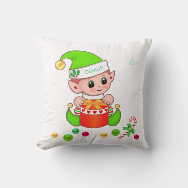 Groene kerstelf, snoepstok & kerstballen kussen (Voorkant)