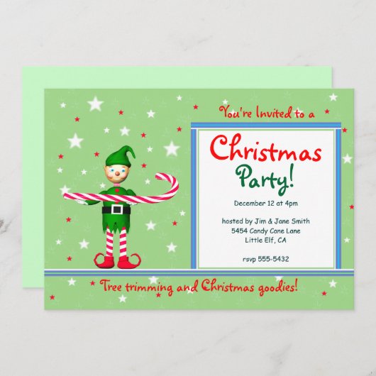 Groene Kerstfeest Candy Cane Elf Kaart (Voorkant / Achterkant)