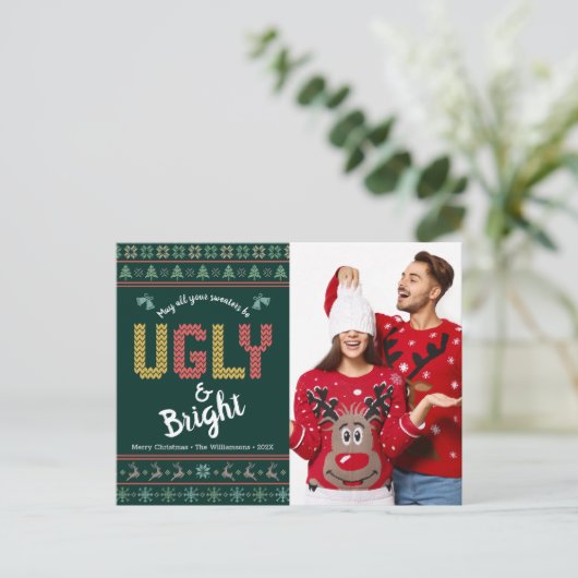 Groene Kerstfoto Nordic Ugly Sweater Tacky Feestdagenkaart (Staand voorkant)