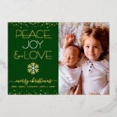 Groene kerstfoto Vrede vreugde liefde echt goud Folie Feestdagenkaart (Voorkant)