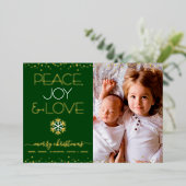 Groene kerstfoto Vrede vreugde liefde echt goud Folie Feestdagenkaart (Staand Voorkant)