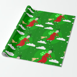 Groene Kerstheks Befana Broomrider Spookmas Cadeaupapier