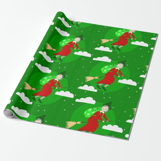Groene Kerstheks Befana Broomrider Spookmas Cadeaupapier (Uitgerold)