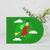 Groene Kerstheks Befana Broomrider Spookmas Kaart (Staand voorkant)