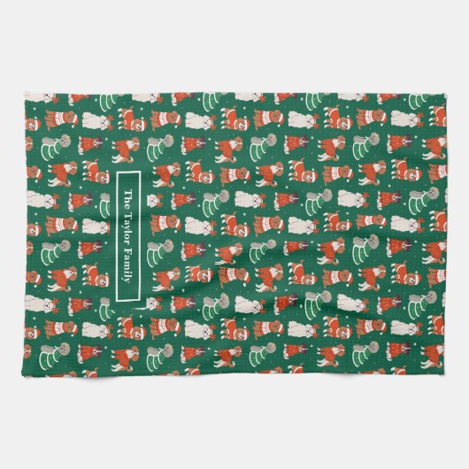 Groene kersthonden gepersonaliseerd theedoek (Horizontaal)
