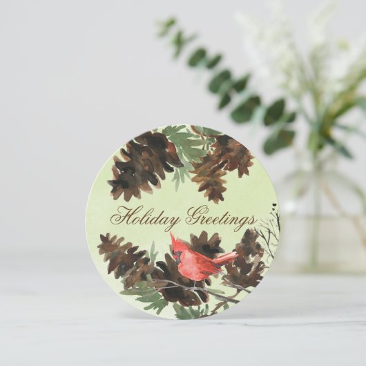 Groene kerstkaart met rode kardinaal en dennenappe (Staand voorkant)