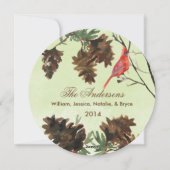 Groene kerstkaart met rode kardinaal en dennenappe (Achterkant)