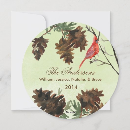 Groene kerstkaart met rode kardinaal en dennenappe (Achterkant)