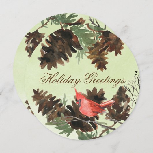Groene kerstkaart met rode kardinaal en dennenappe (Voorkant / Achterkant)