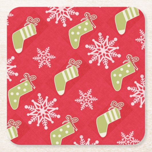 Groene kerstkousen en Snowflakes Red Kartonnen Onderzetters (Voorkant)