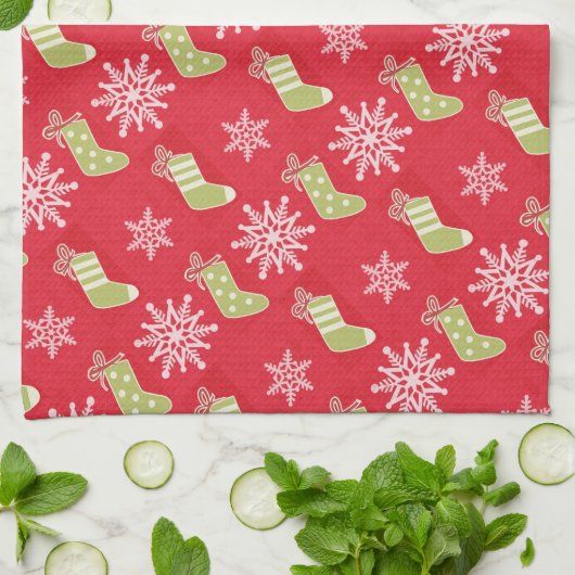 Groene kerstkousen en Snowflakes Red Theedoek (Gevouwen)