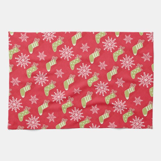 Groene kerstkousen en Snowflakes Red Theedoek (Horizontaal)