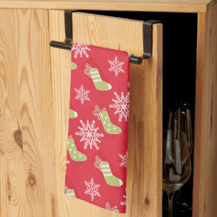 Groene kerstkousen en Snowflakes Red Theedoek