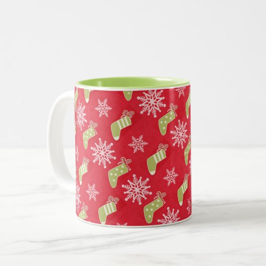 Groene kerstkousen en Snowflakes Red Tweekleurige Koffiemok (Voorkant links)