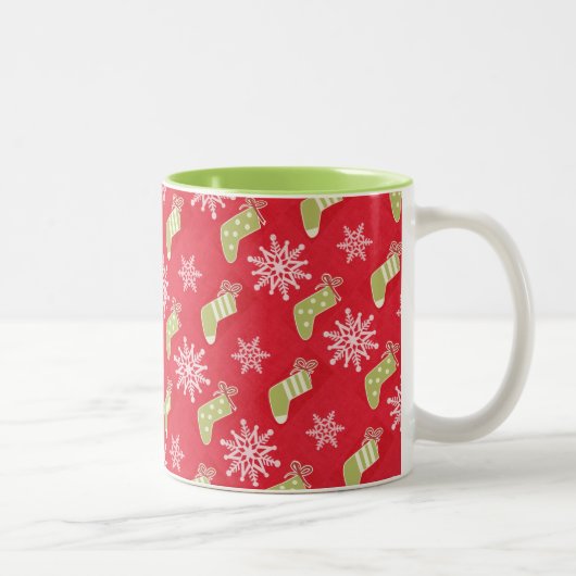 Groene kerstkousen en Snowflakes Red Tweekleurige Koffiemok (Rechts)