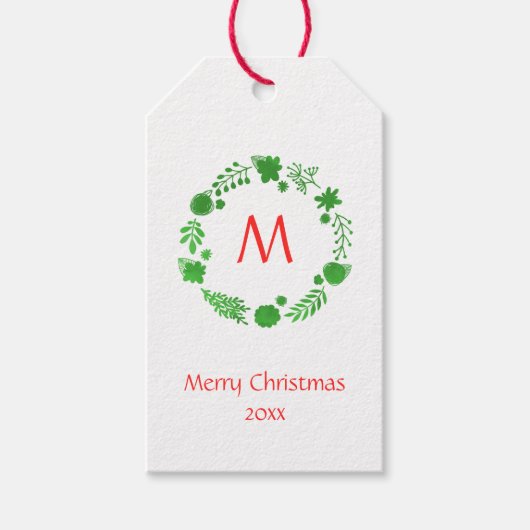 Groene Kerstkrans Rode Monogram Cadeaulabel (Voorkant)