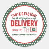 Groene Kerstman's Fabriek Speciale Levering Gestip Ronde Sticker (Voorkant)