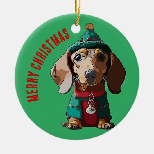 Groene Kerstmis Dachshund Keramisch Ornament (Voorkant)