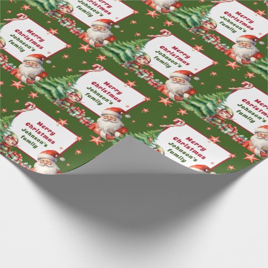 Groene Kerstmis Gepersonaliseerde Kerstman en Elf Cadeaupapier (Hoek)