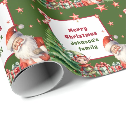 Groene Kerstmis Gepersonaliseerde Kerstman en Elf Cadeaupapier (Rol Hoek)