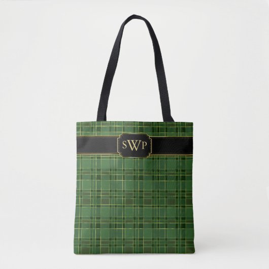 Groene Kerstmis Goud Plaid Monogram Tartan Tote Bag (Voorkant)