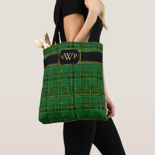 Groene Kerstmis Goud Plaid Monogram Tartan Tote Bag