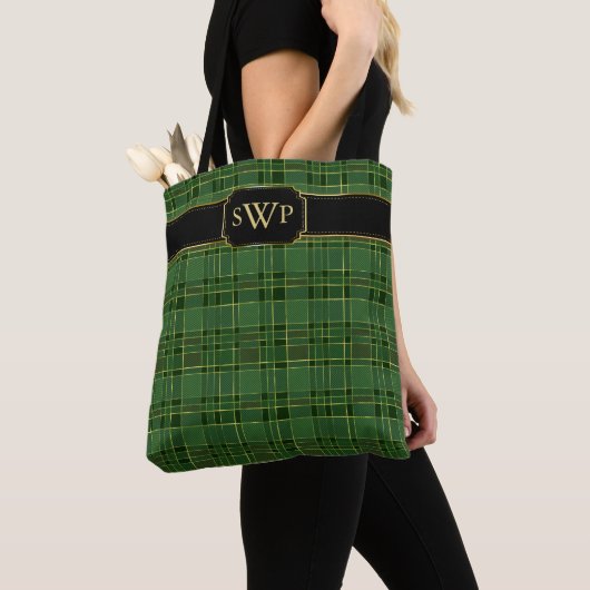 Groene Kerstmis Goud Plaid Monogram Tartan Tote Bag (Dichtbij)