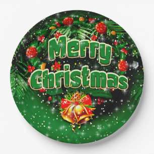 Groene Kerstmis met Gouden Bellen 9" Papieren Bordje