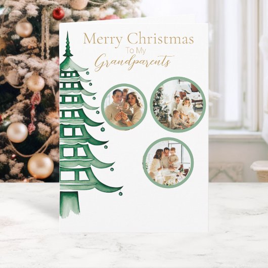 Groene Kerstmis Pagode Boom Oma 3-Foto Kaart
