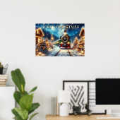 Groene kerstrein in besneeuwd dorp poster (Thuiskantoor)