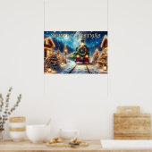 Groene kerstrein in besneeuwd dorp poster (Keuken)