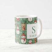 Groene Kerstsneeuwman & Rendier Monogram Naam Koffiemok (Voorkant rechts)