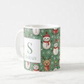 Groene Kerstsneeuwman & Rendier Monogram Naam Koffiemok (Voorkant links)