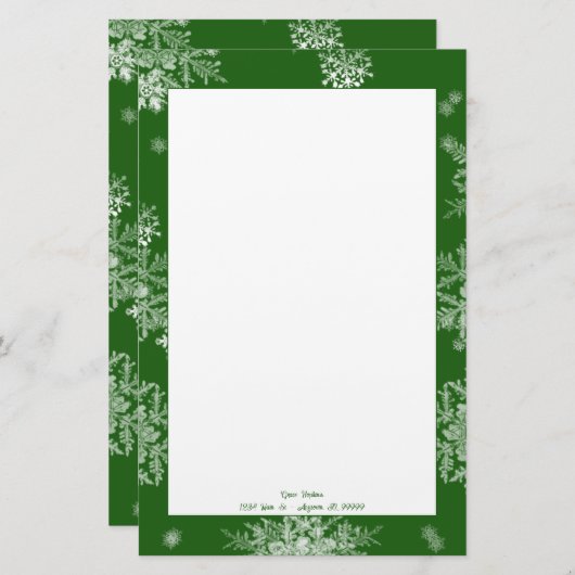 Groene kerstsneeuwvlokken gepersonaliseerd briefpapier (Voorkant / Achterkant)