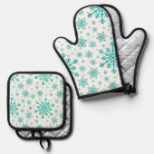  groene kerstsnowflakes op winterwit ovenwant & pannenlap set (Voorkant / Achterkant)
